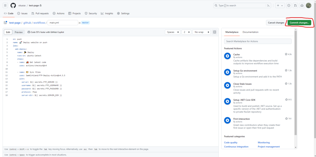 GitHubのリポジトリの管理画面 ワークフローの構成の作成画面 作成し終わったので、コミットしようとしている