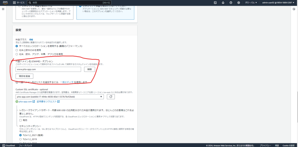 AWS Cloudfront 設定 代替ドメイン名(CNAME)